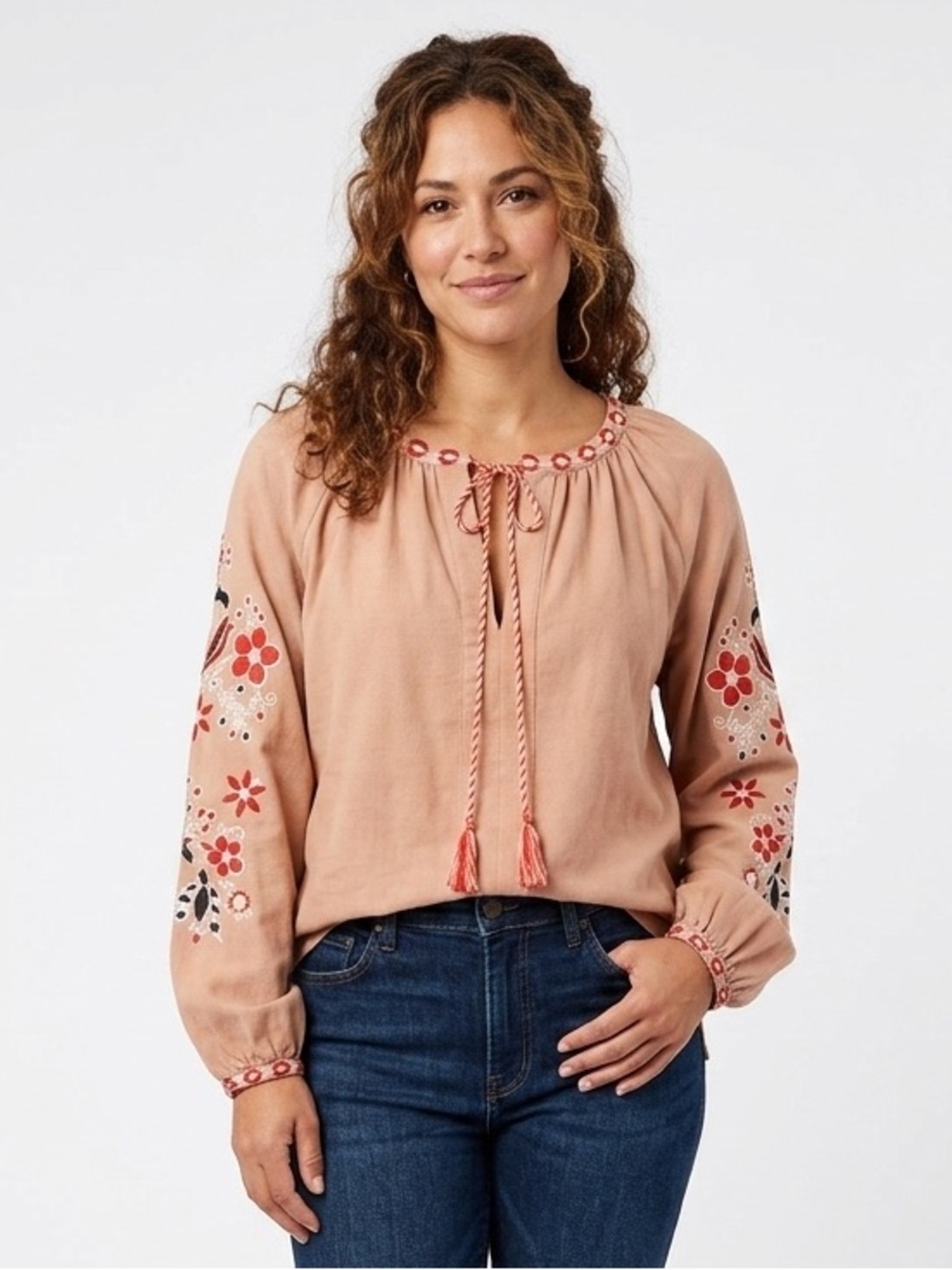 Free the Roses | Long Sleeve Linen Blend Embroidered Peasant Tunic | Sz S